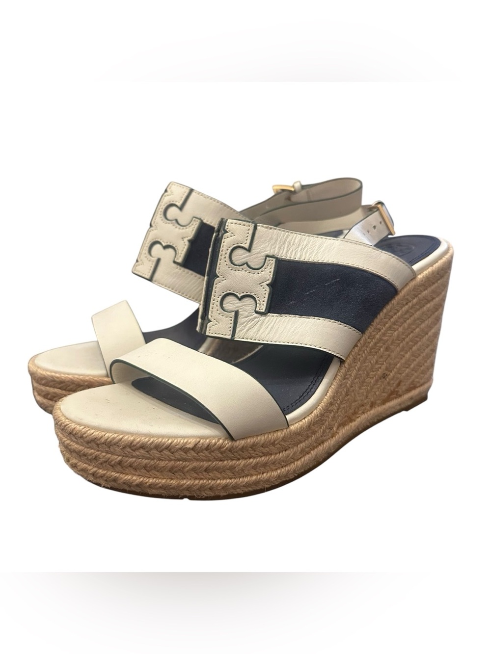 Tory Burch Ines Cream and Navy Woven Espadrille Wedge Sandals